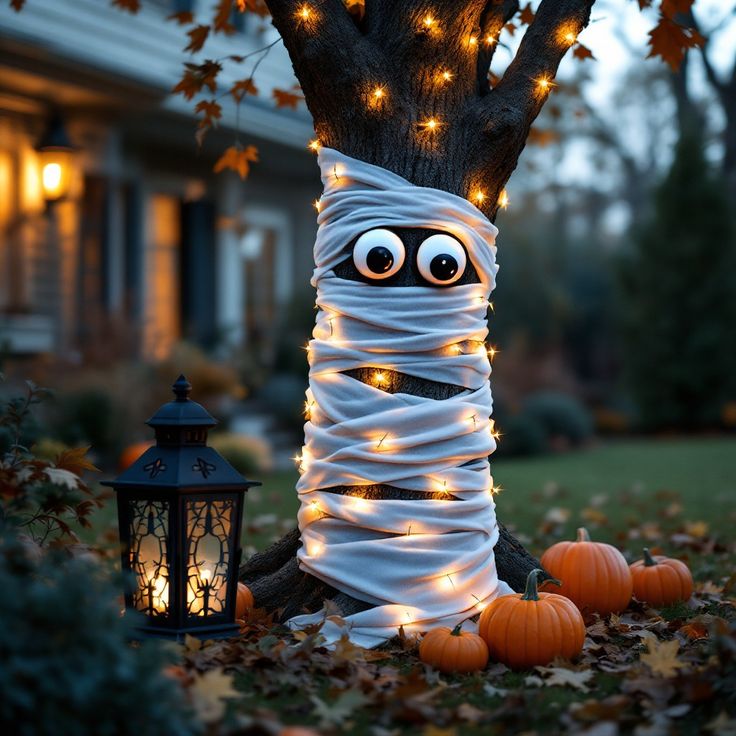 Art - DIY mummy tree Halloween decoration with pumpkins and lantern ...