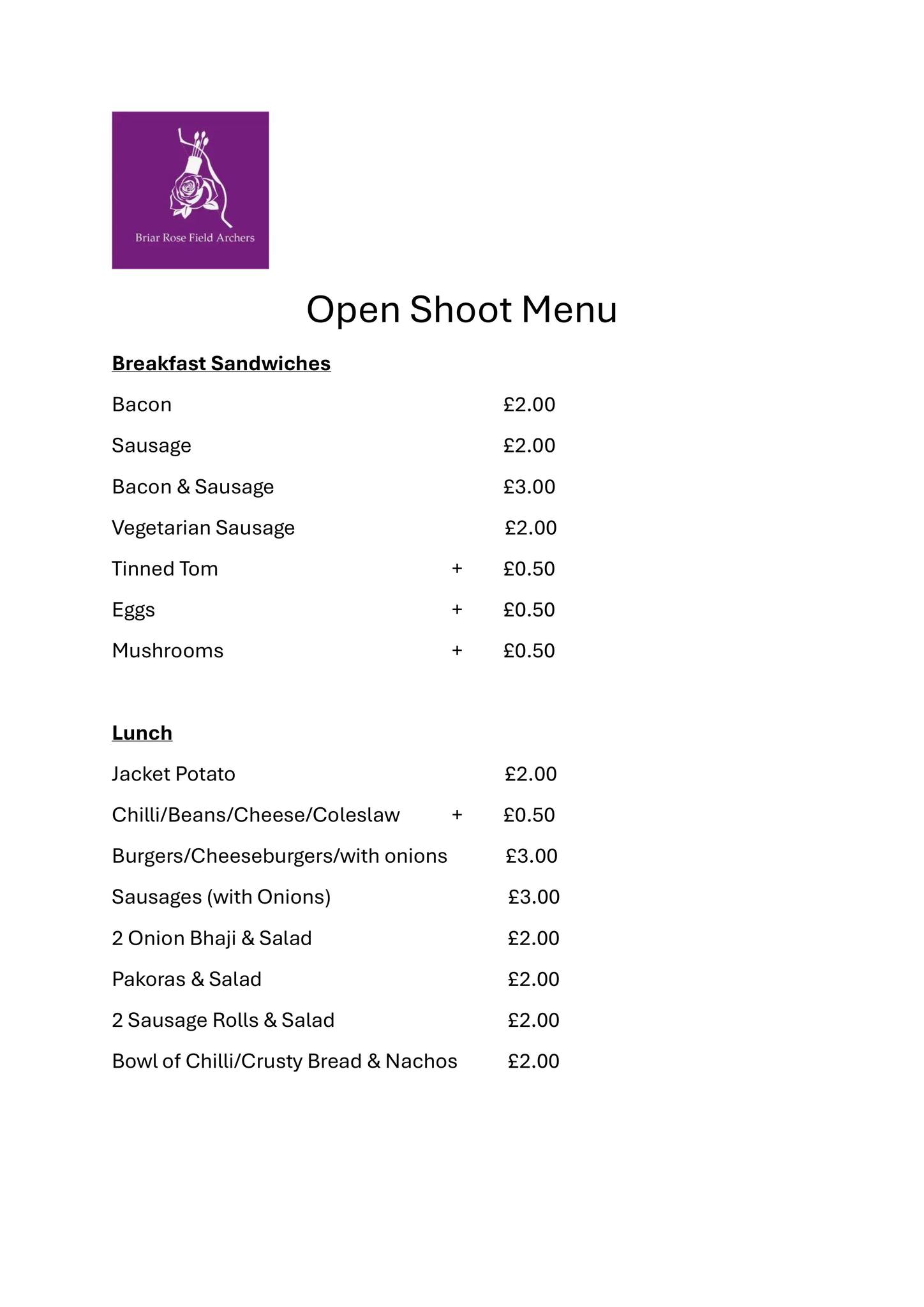 Briar Rose - Open Shoot Menu -... - Briar Rose Field Archers | Facebook