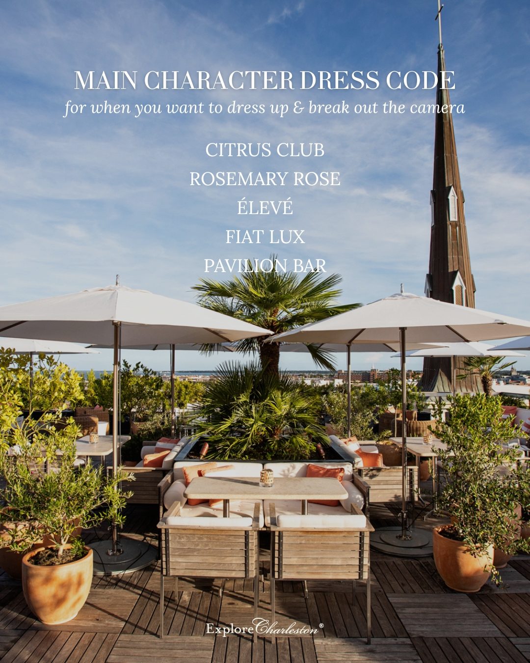 Consider this your Charleston rooftop bar mood board: organized by vibes & plans. Save this guide for when you're seeking the ideal spot for sipping & sunsets, then click through to explore
