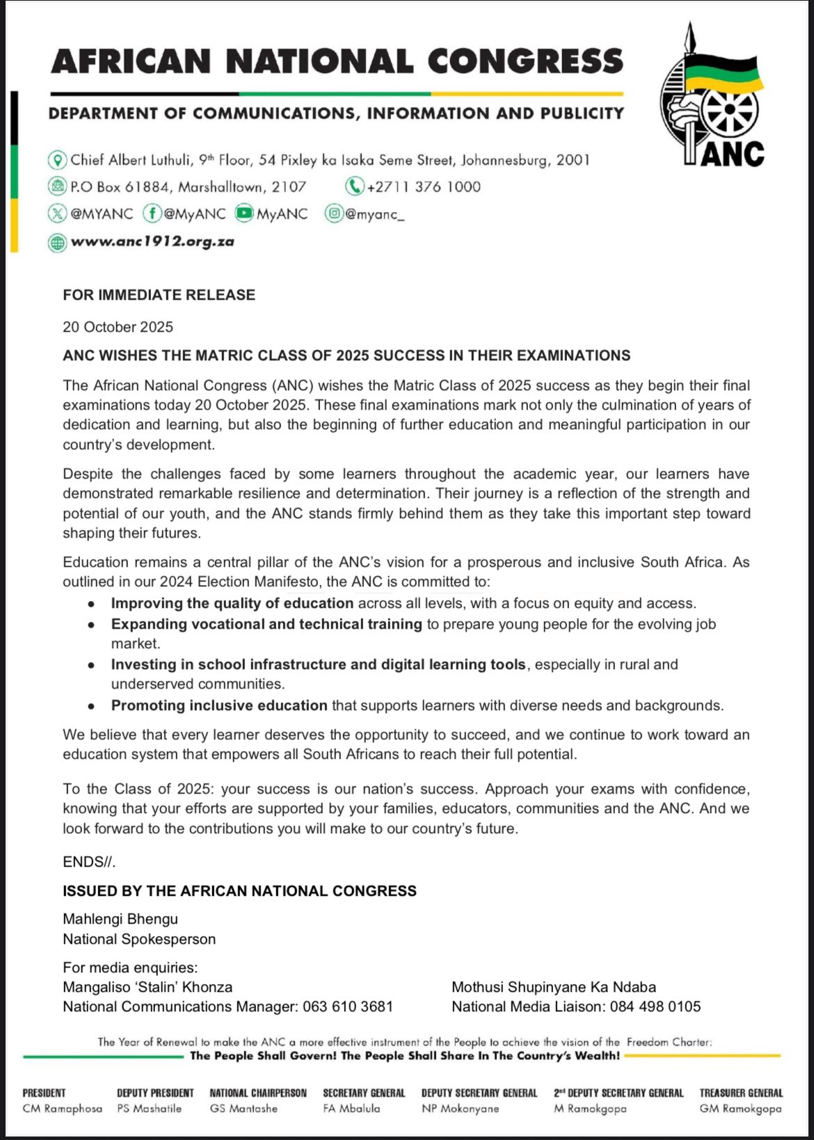 MyANC - The ANC wishes the Matric Class of 2025 success as... | Facebook