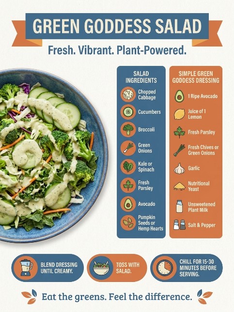 crisp and green dressing ingredients Vegan Goddess salad with creamy herb dog princess dress