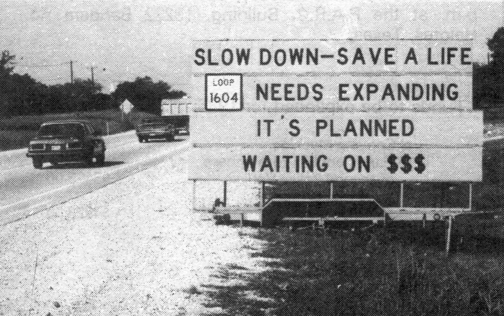 Texas - Sign along Loop 1604 in 1983. (Source: Helotes Echo) | Facebook
