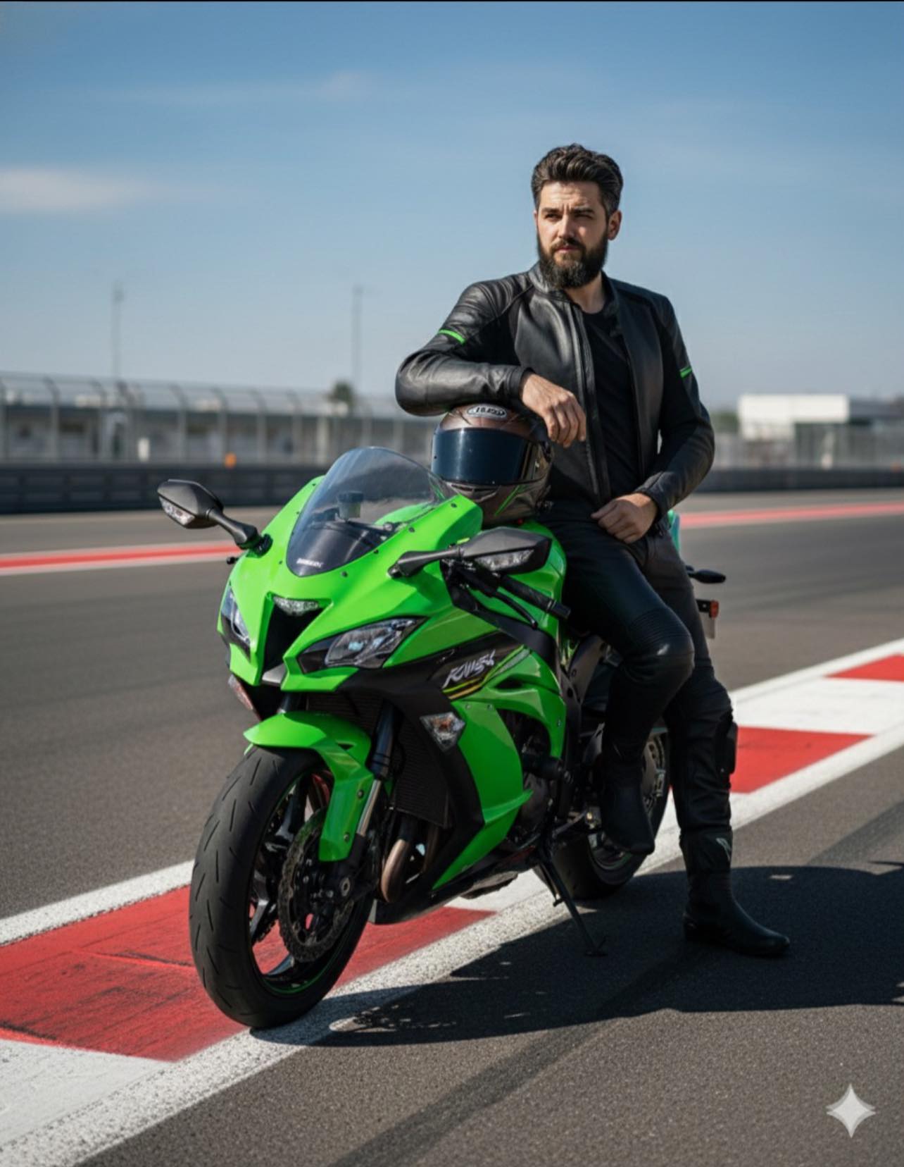 Man leaning on neon green Kawasaki Ninja ZX-10R at a race track