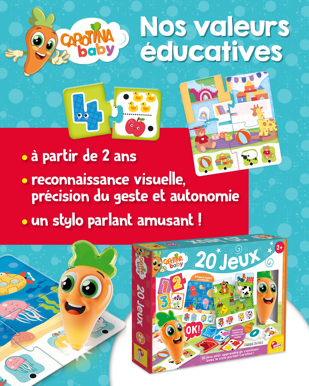 Lisciani Carotina Baby – 20 Jeux éducatifs Dès 2 Ans Avec Stylo électronique Parlant, Sans Piles Ni écran
