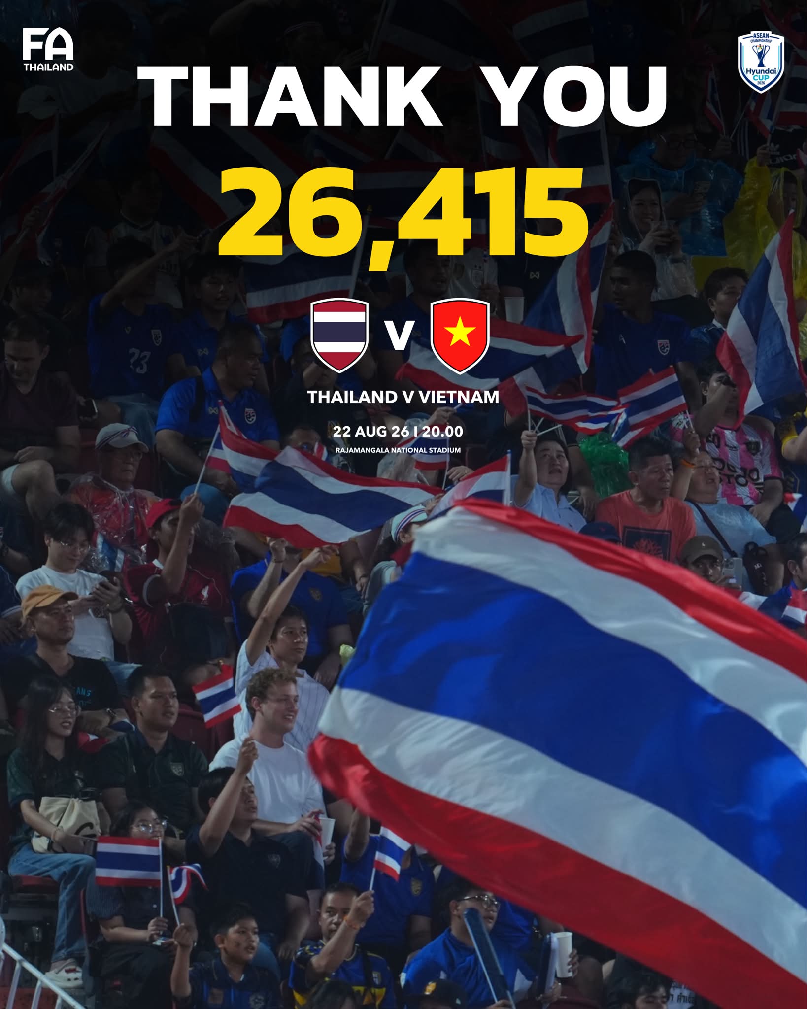 #ขอบคุณ แฟนบอล จำนวน 26,415 คน ที่มาให้กำลังใจทีมชาติไทย ของเราที่ ราชมังคลากีฬาสถาน ในวันนี้ ​📺 ถ่ายทอดสดทาง : แอปพลิเคชั่น TrueVisions Now 📷 : Sony Alpha 1, Gmaster Lens Sony - Digital Camera Thailand #FAThailand #ฟุตบอลทีมชาติไทย #ช้างศึก #ทีมชาติ