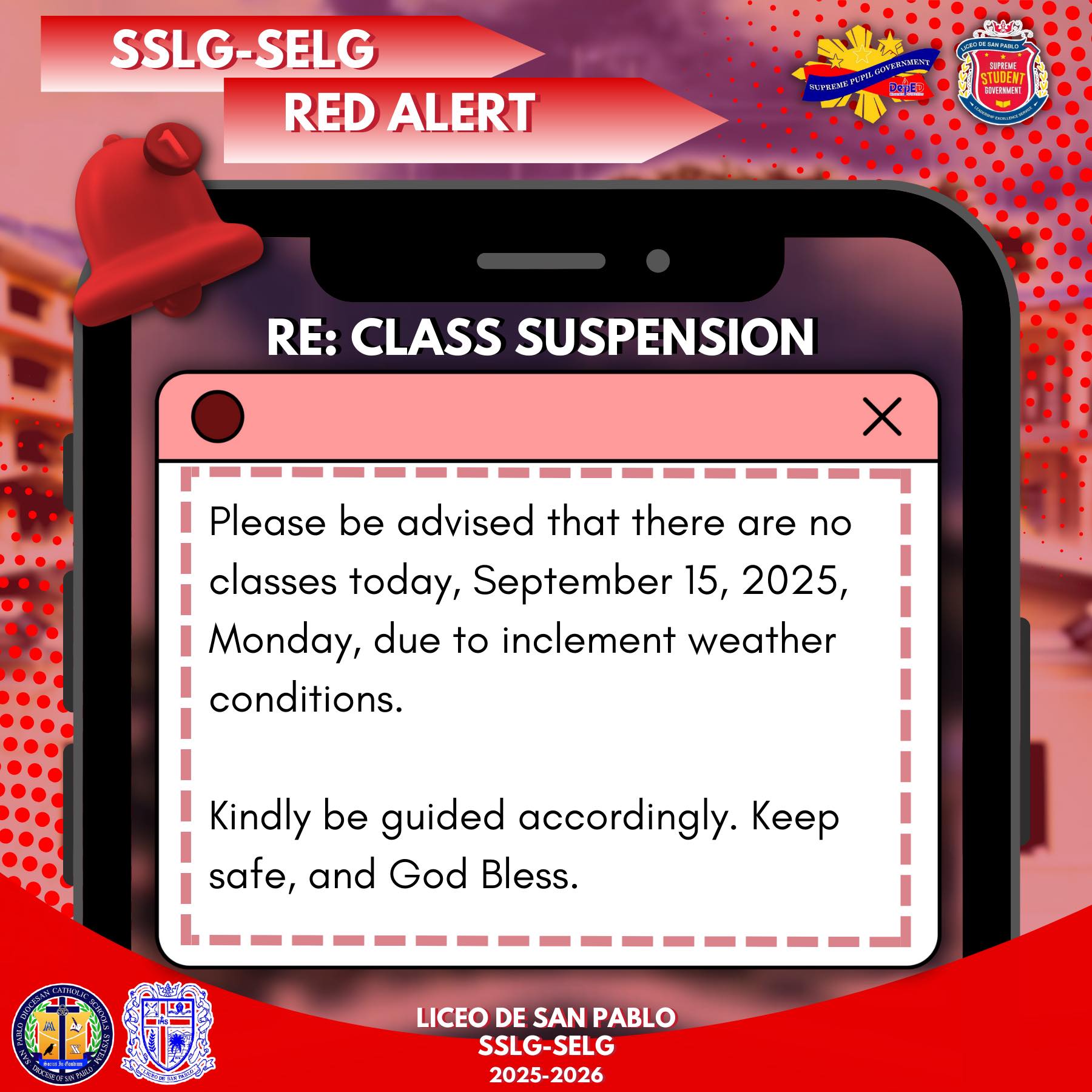 RE: CLASS SUSPENSION... - Liceo de San Pablo Sslg-Selg | Facebook