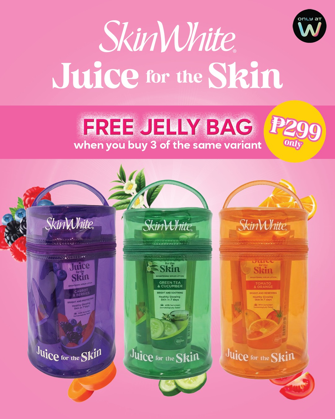 Ready to score a FREE jelly bag?! Get 3 pieces of your fave SkinWhite Juice for the Skin for only 299php only and enjoy a FREE Jelly Bag --- because glowing skin