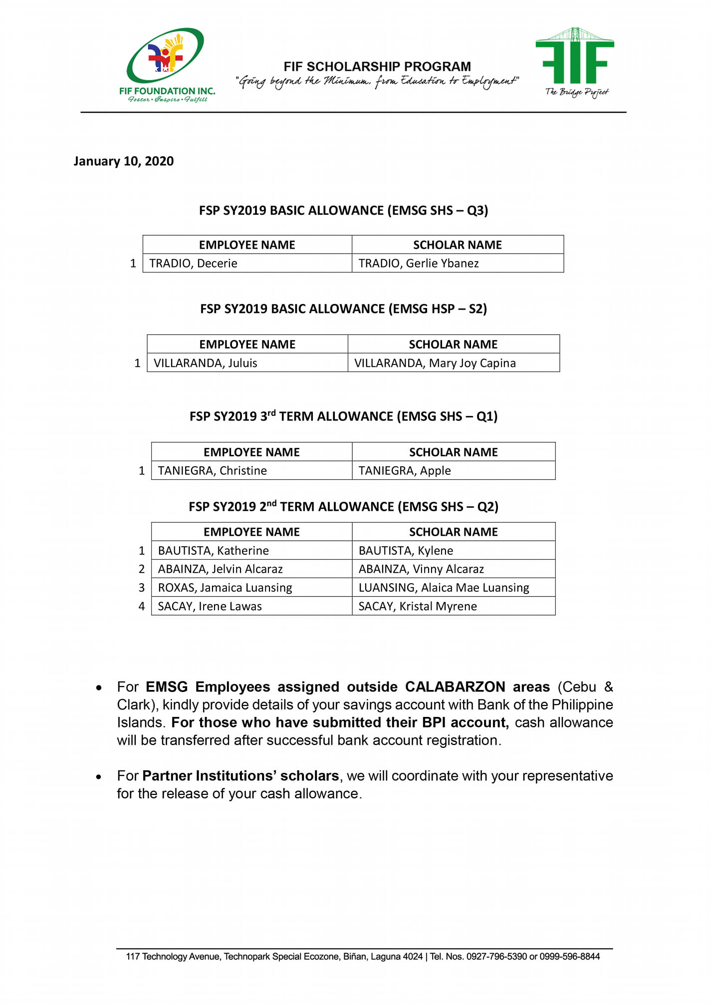 To Listed FIF Scholar Awardees:... - FIF Foundation Inc.