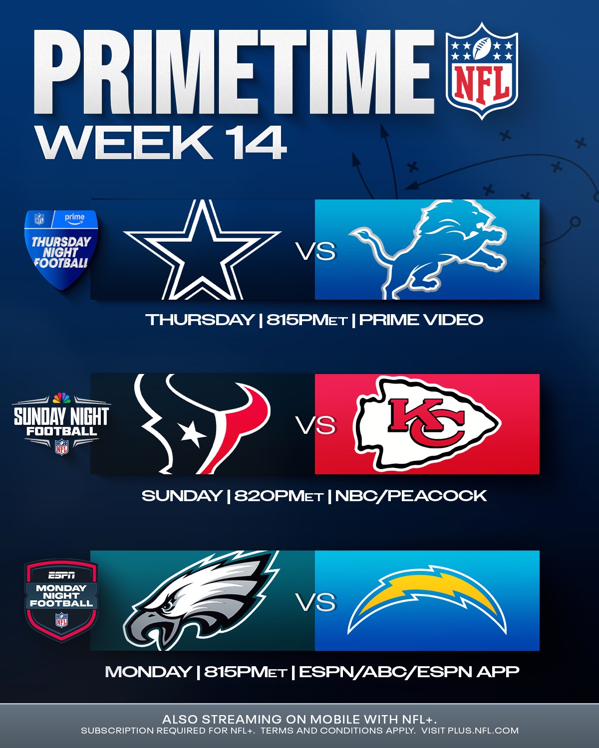 NFL - Week 14's primetime slate! 📱: Stream on #NFLPlus | Facebook