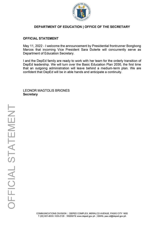 Deped Tambayan PH - OFFICIAL STATEMENT May 11, 2022 - I welcome the ...
