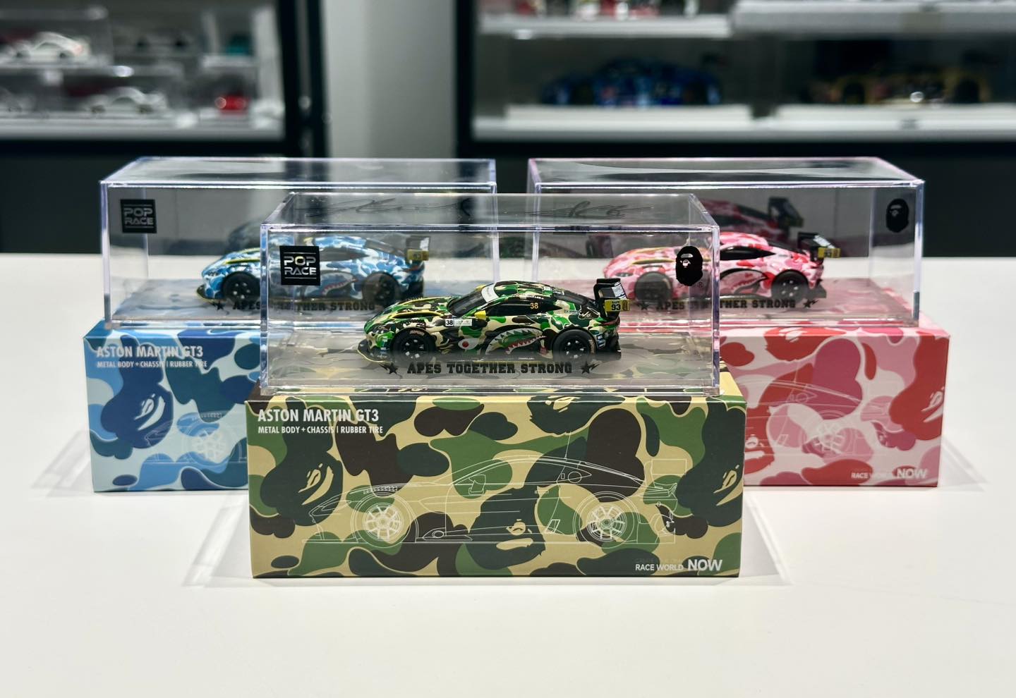 New in stock 1/64th POPRACE Aston Martin GT3 x Bathing Ape. Set of 