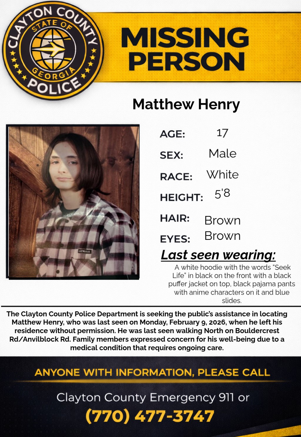 Clayton - 🚨Cancel MISSING PERSON BOLO Matthew has been located🚨 The ...