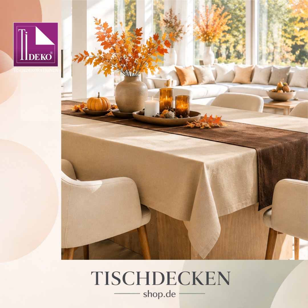 🍂 Warme Erdtöne, klare Linien: Herbst in seiner schönsten Form Sanftes Beige trifft auf tiefes Schokobraun – dieser edle Materialmix aus Tischdecke und Läufer schafft eine Tafel voller Ruhe und Wärme. Dazu