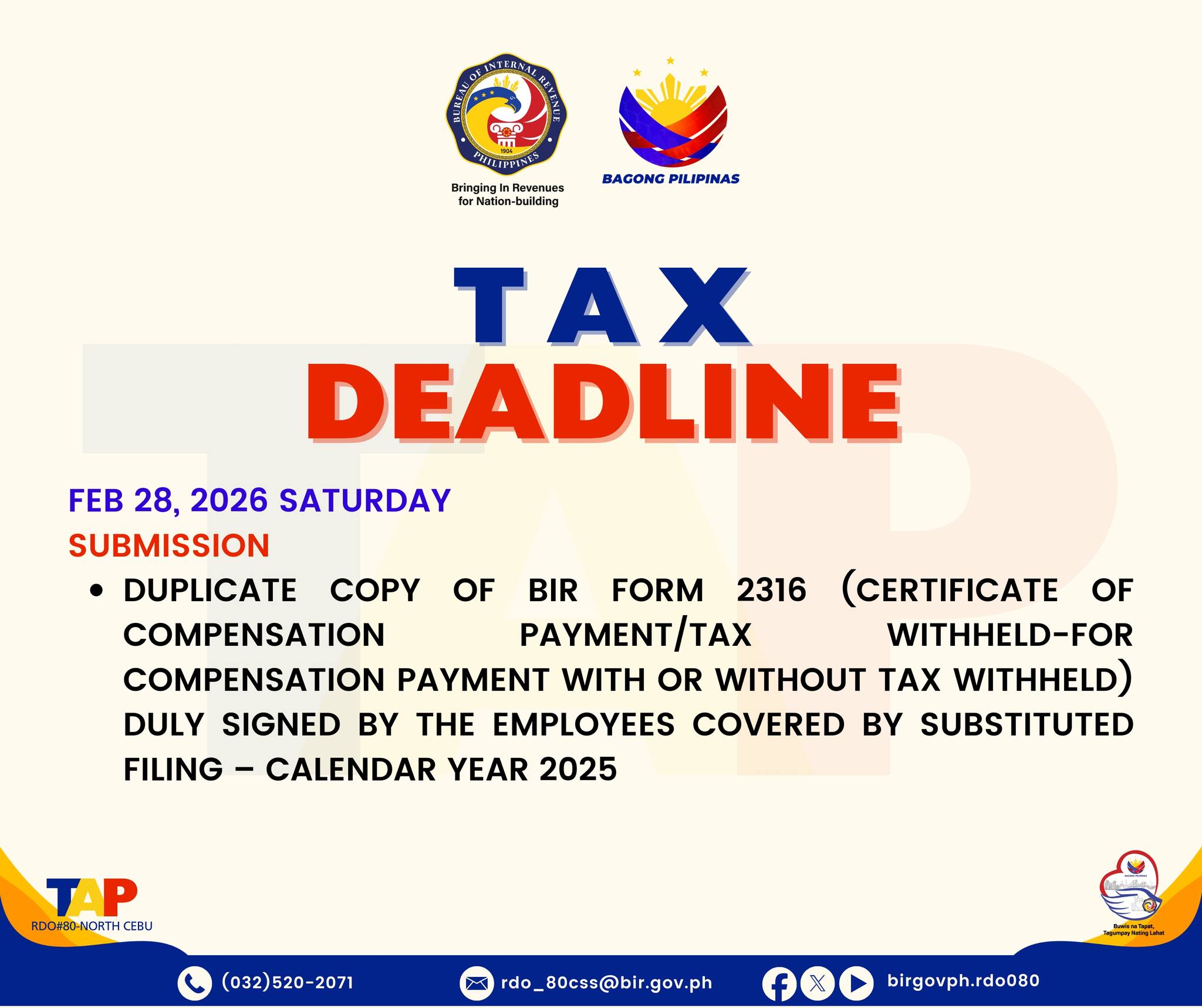 March 2, 2026 Monday SUBMISSION... - BIR RDO 80 - North Cebu | Facebook