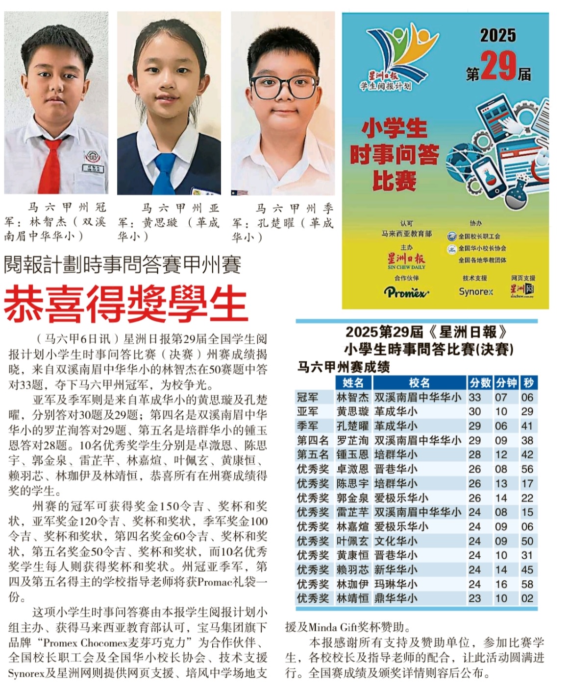 星洲日报企业公关 - 星洲日报第29届全国学生阅报计划小学生时事問答比赛（决赛）马六甲州赛成绩揭晓，来自双溪南眉中华华... | Facebook