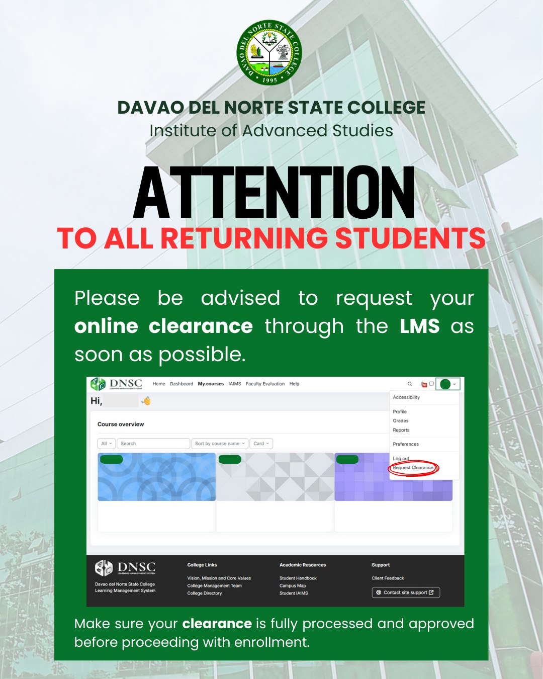 DNSC - [𝗔𝗗𝗩𝗜𝗦𝗢𝗥𝗬 𝗡𝗢𝗧𝗜𝗖𝗘] ATTENTION TO ALL RETURNING STUDENTS! Please be ...