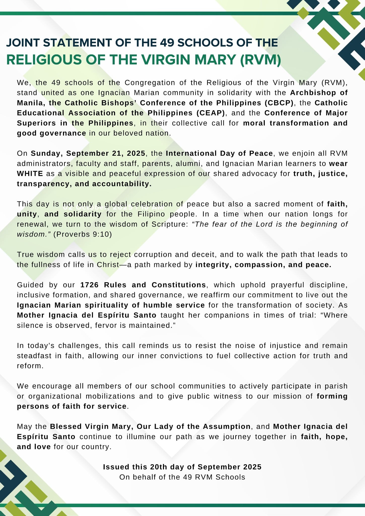 St. - JOINT STATEMENT OF THE 49 SCHOOLS OF THE CONGREGATION OF THE ...