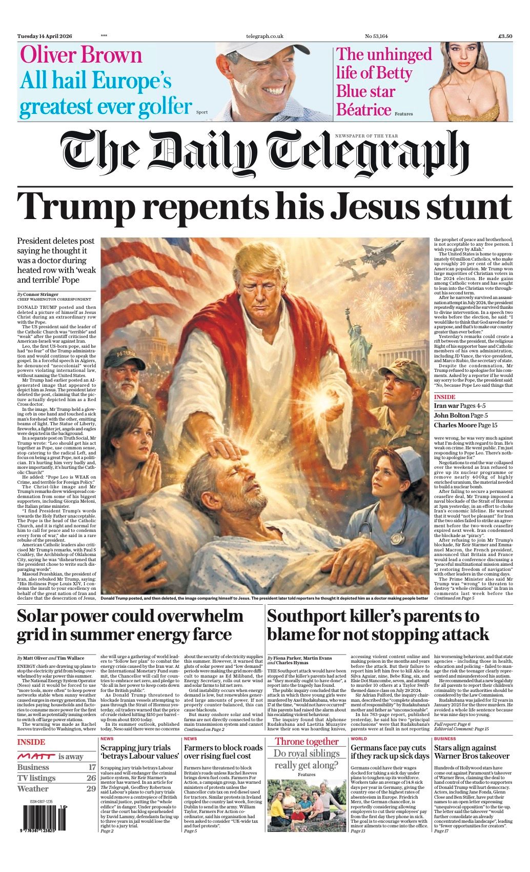 The front page of today's Daily Telegraph: 'Trump repents his