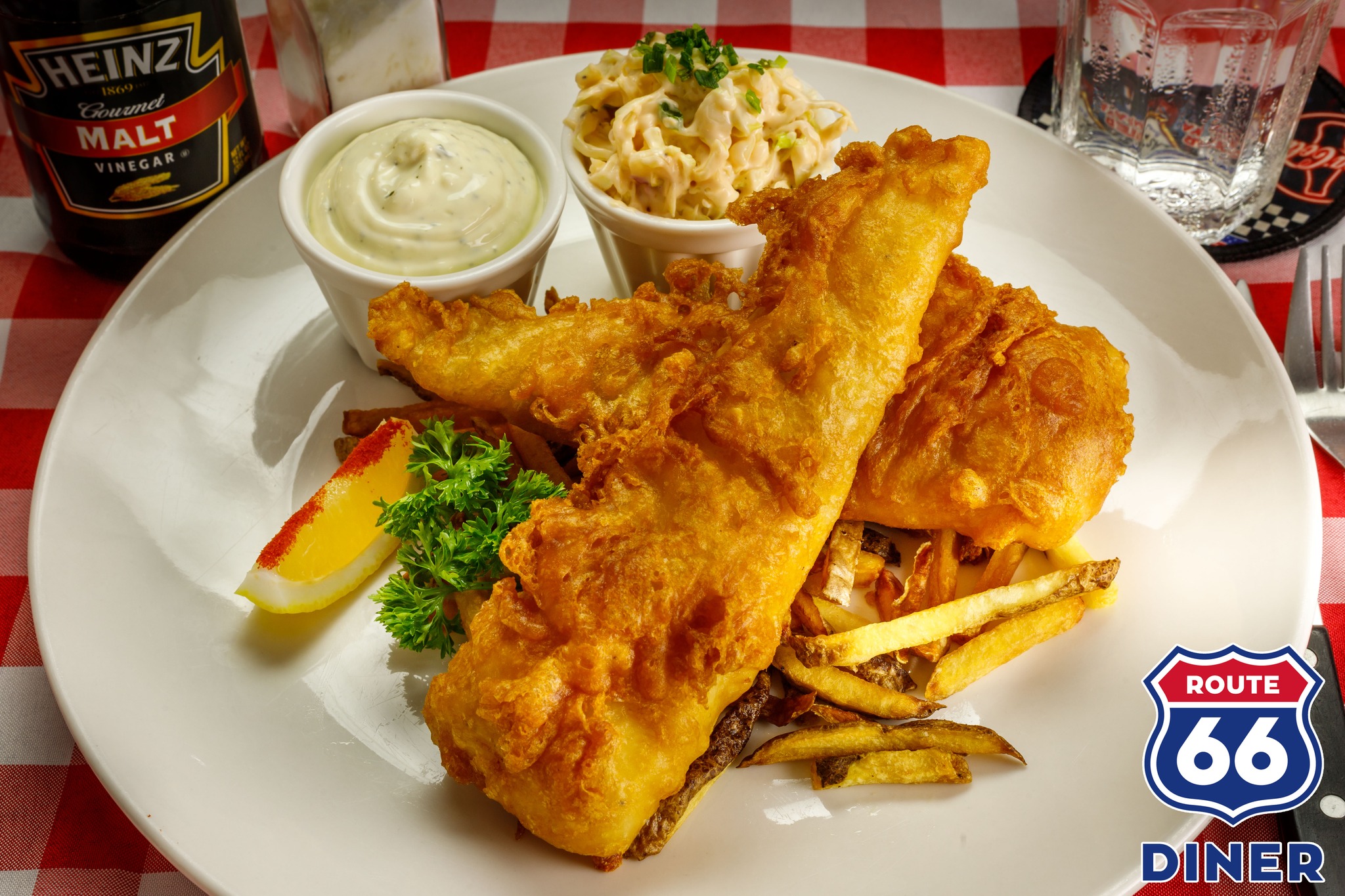 Route - American Style Fish & Chips Beer battered Cod Fillets, served ...