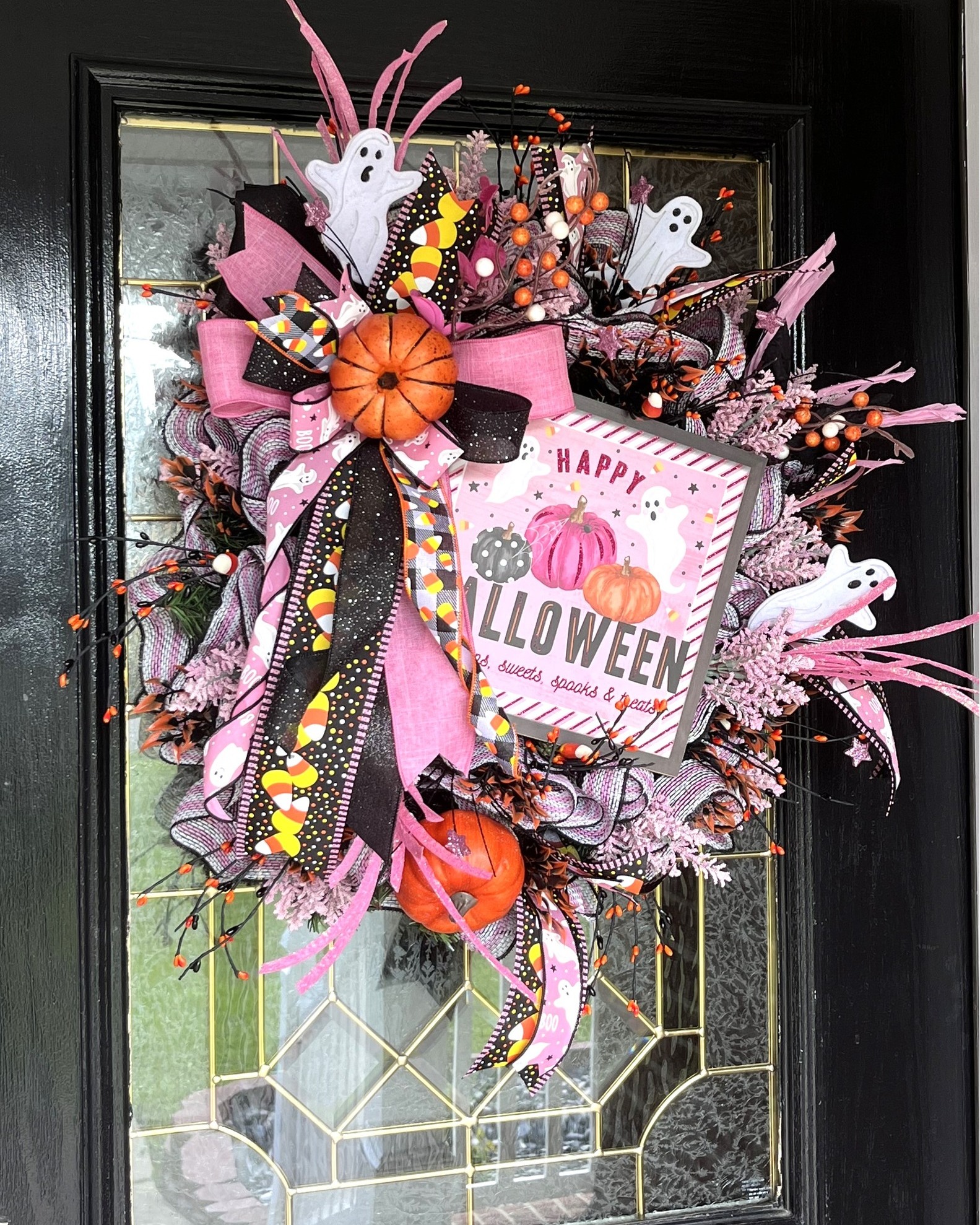 Pink and black 3D printed Halloween wreath on the A1 printer