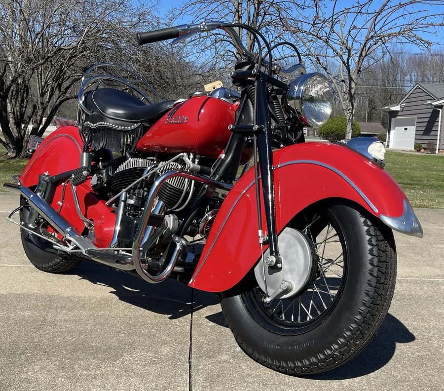 Looking just stunning in bright red in the sun, this 1947 Indian