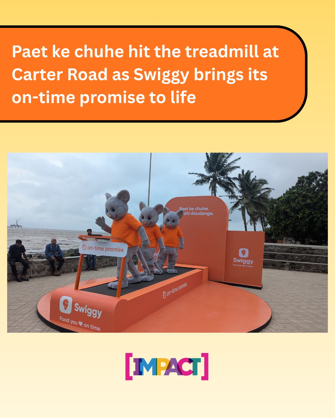 Swiggy turned heads at Carter Road by putting rats on treadmills to bring  paet ke chuhe daudna to life. The quirky activation highlighted its on-time  delivery promise with cashback on delays. #Swiggy #