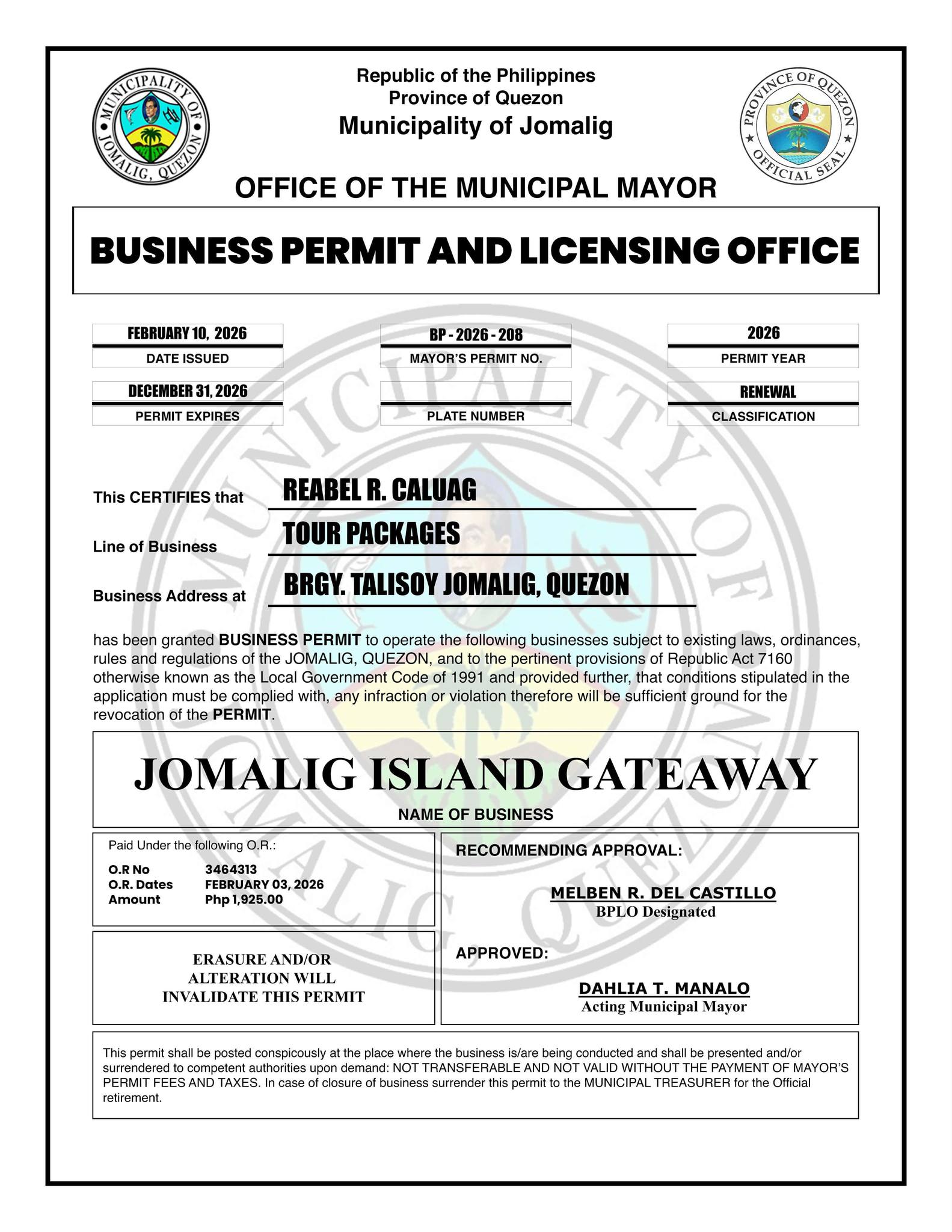 Jomalig - We are proud to announce that our Business Permit is ...