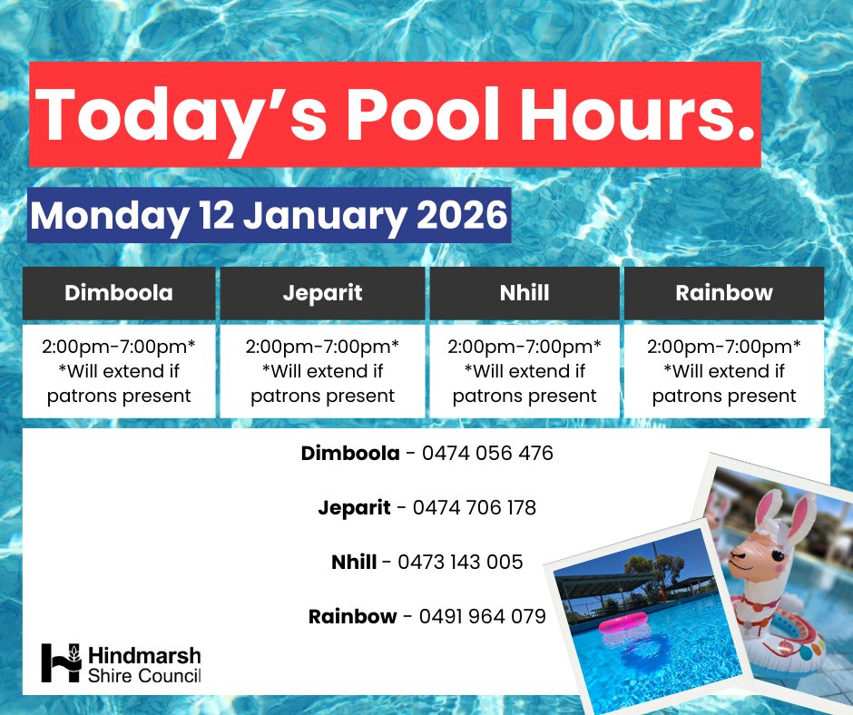 || POOL HOURS - MONDAY 12... - Hindmarsh Outdoor Pools | Facebook