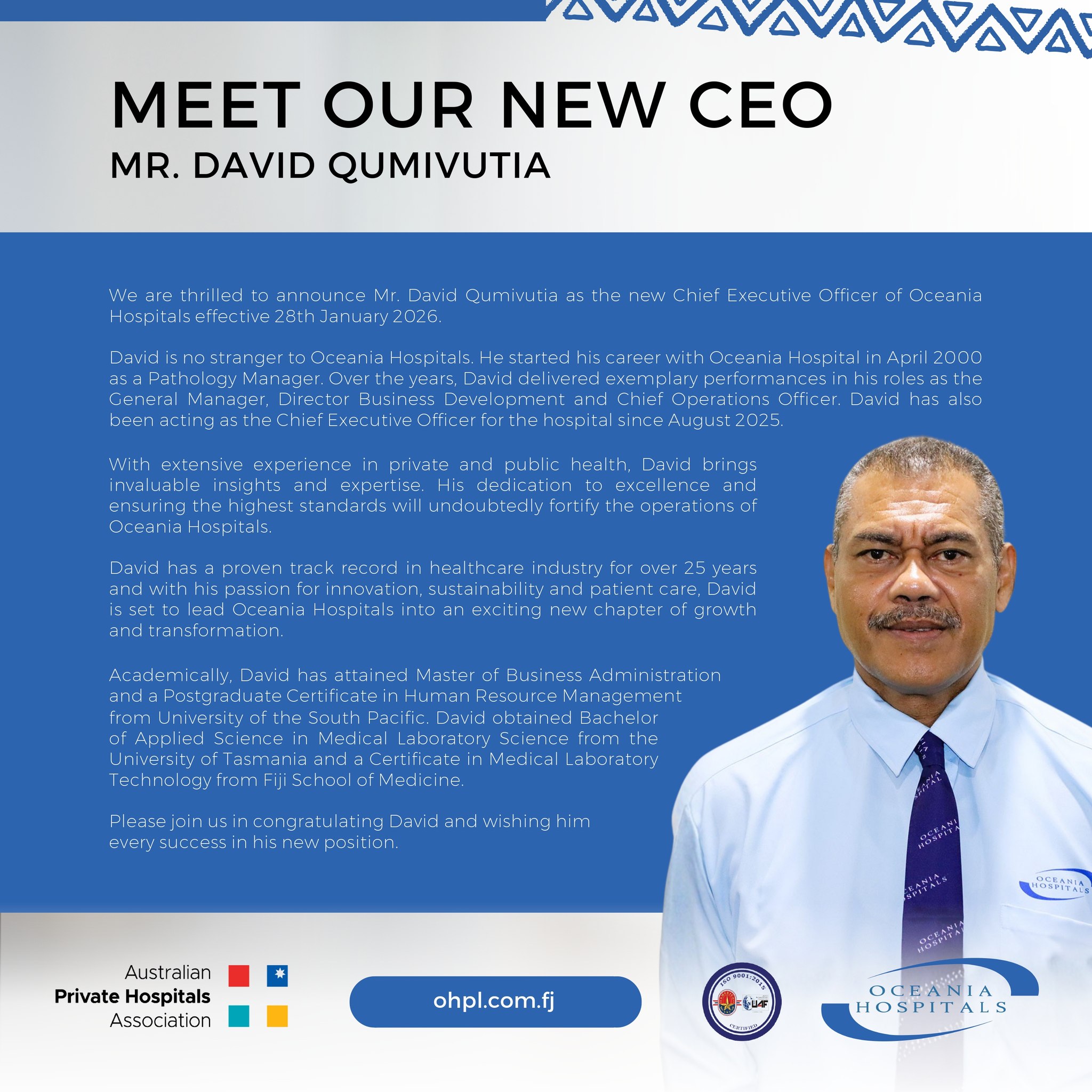 Oceania - Meet Our New CEO - Mr. David Qumivutia We are thrilled to ...