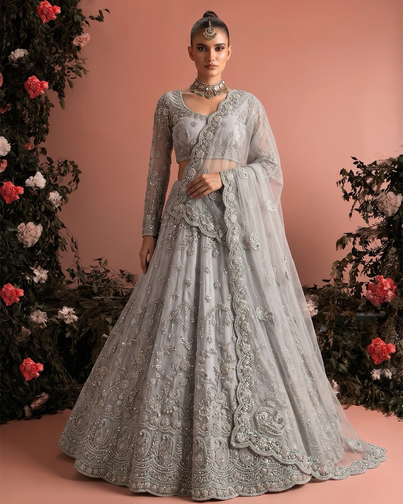 grey dress indian Steal every spotlight in this Embroidered Net Wedding Lehenga Choli where grace, glamour & timeless charm come together 🩶 premium & Pakistani Clothes In USA, Canada & UK Available at gray color couple dress