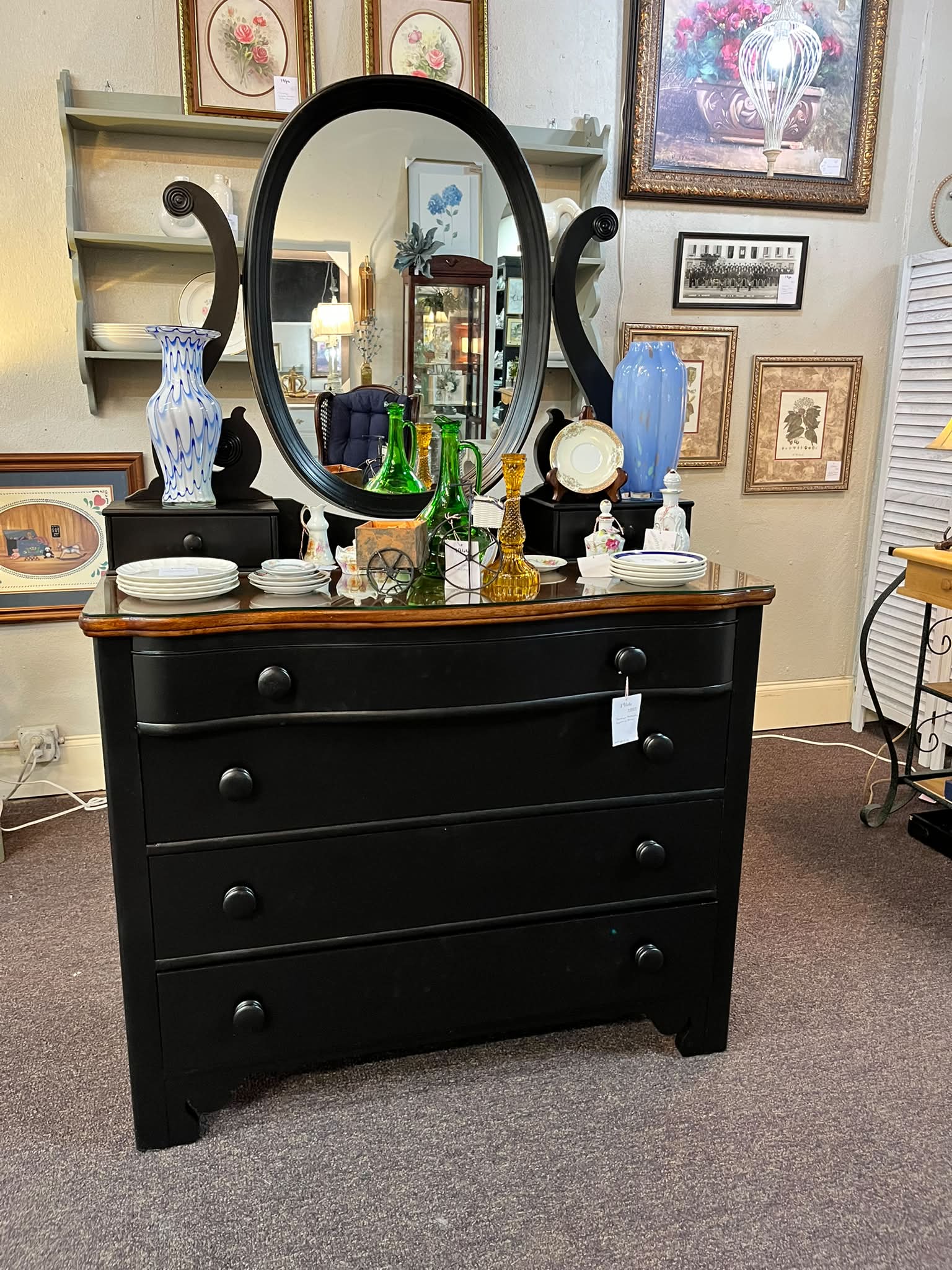 Vintage black four drawer dresser with mirror
