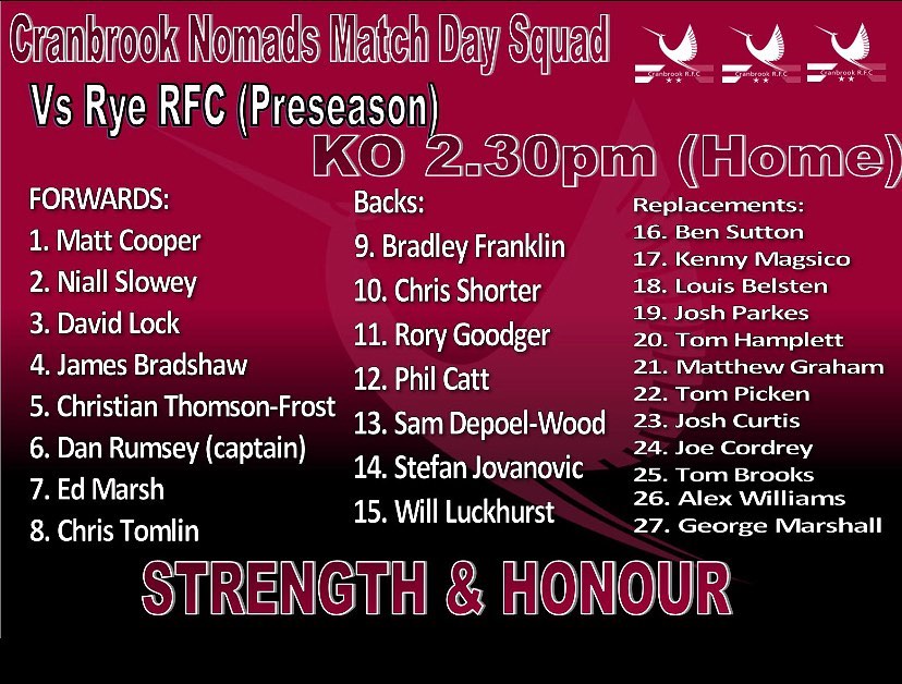 Here is your match day Nomads squad... - Cranbrook Rugby Club | Facebook