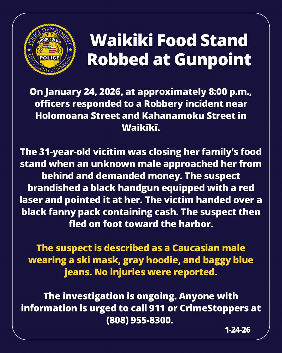 Honolulu - Waikīkī Food Stand Robbed at Gunpoint On January 24, 2026 ...