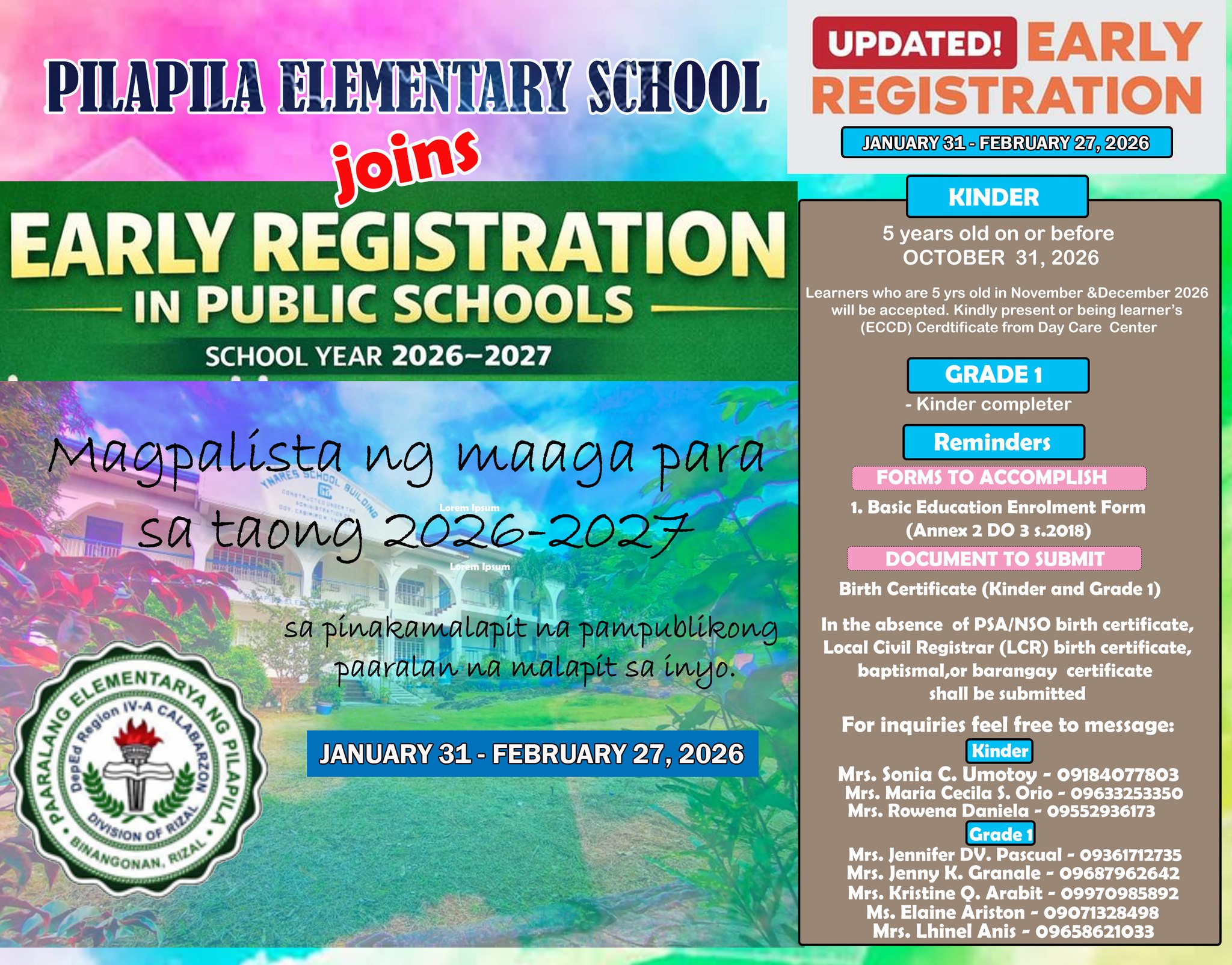 Deped - Pilapila Elementary School Early Registration 2026 Paalala Ano ...