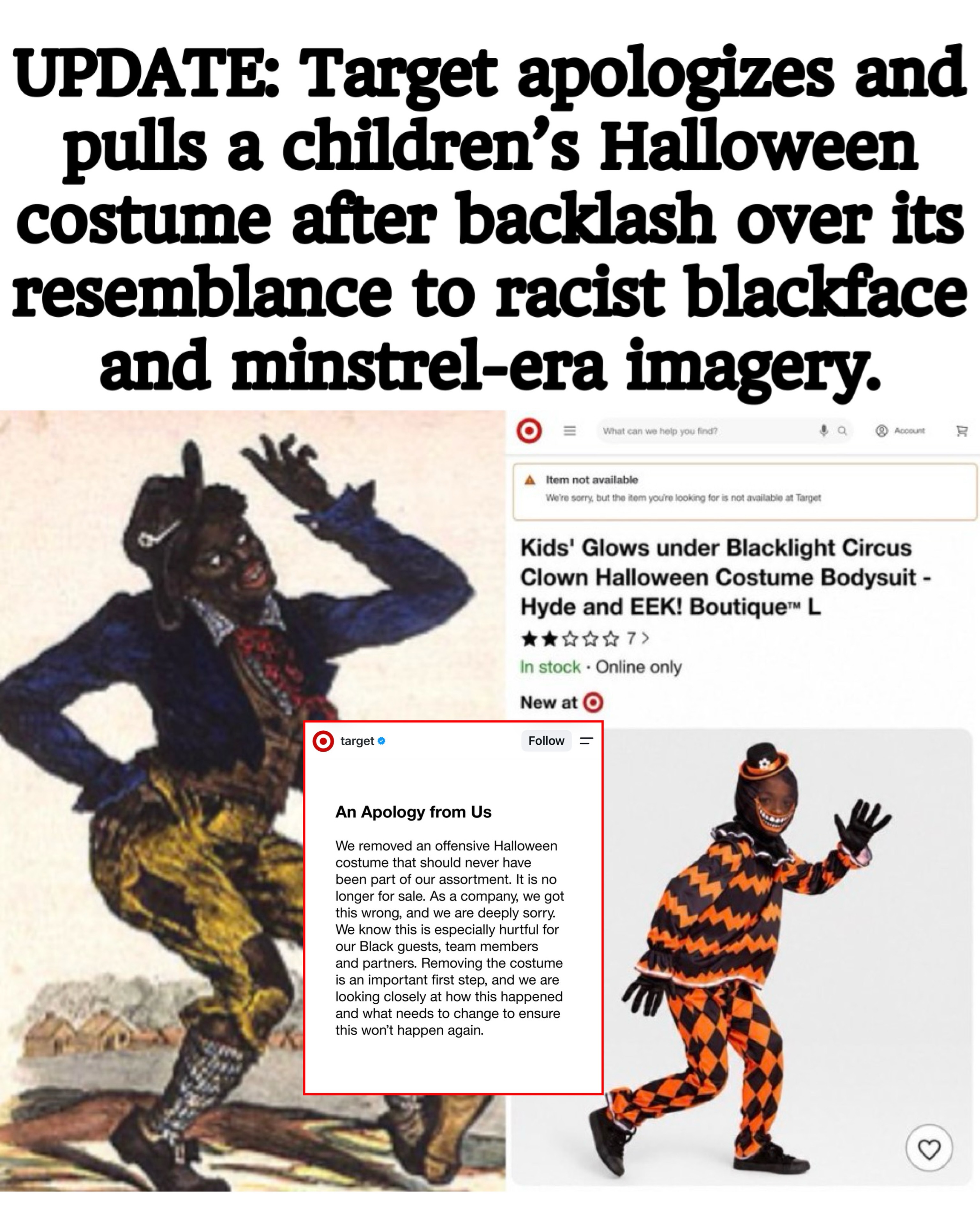 is it racist to dress up as a black character Target has apologized and removed children's Halloween costume after backlash over its resemblance minstrel caricatures. FULL STORY ⬇️ Katelyn Velvet Wrap Dress collection-camel Waist:W-30