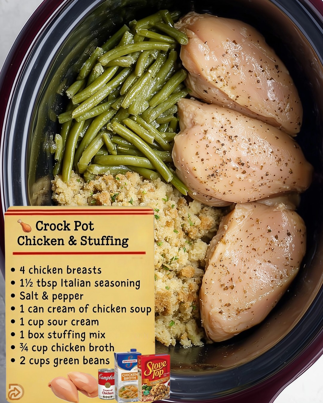 Chicken, stuffing and green beans all in one pot. Dinner done before you even think about it. The sour cream mixed with the cream of chicken soup is what makes the sauce