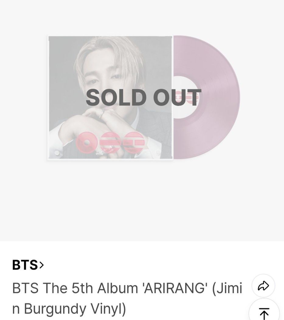 JIMIN ARIRANG STANDARD Vinyl is now sold out in US! 🌟