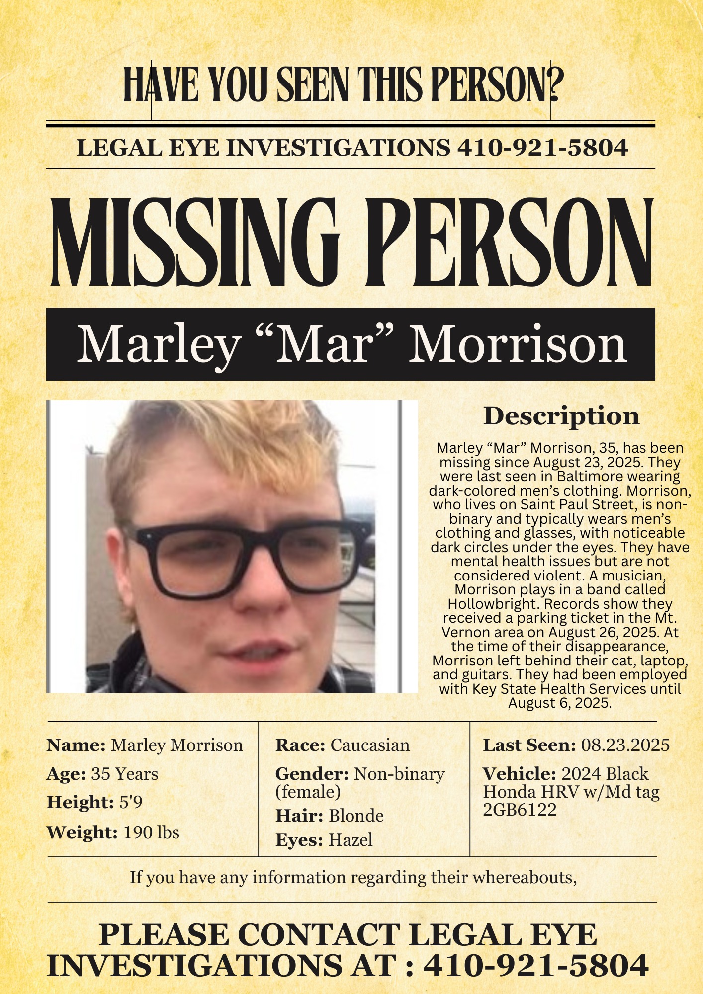 Legal - MISSING PERSON ALERT!!!! Name: Marley “Mar” Morrison Age: 35 ...
