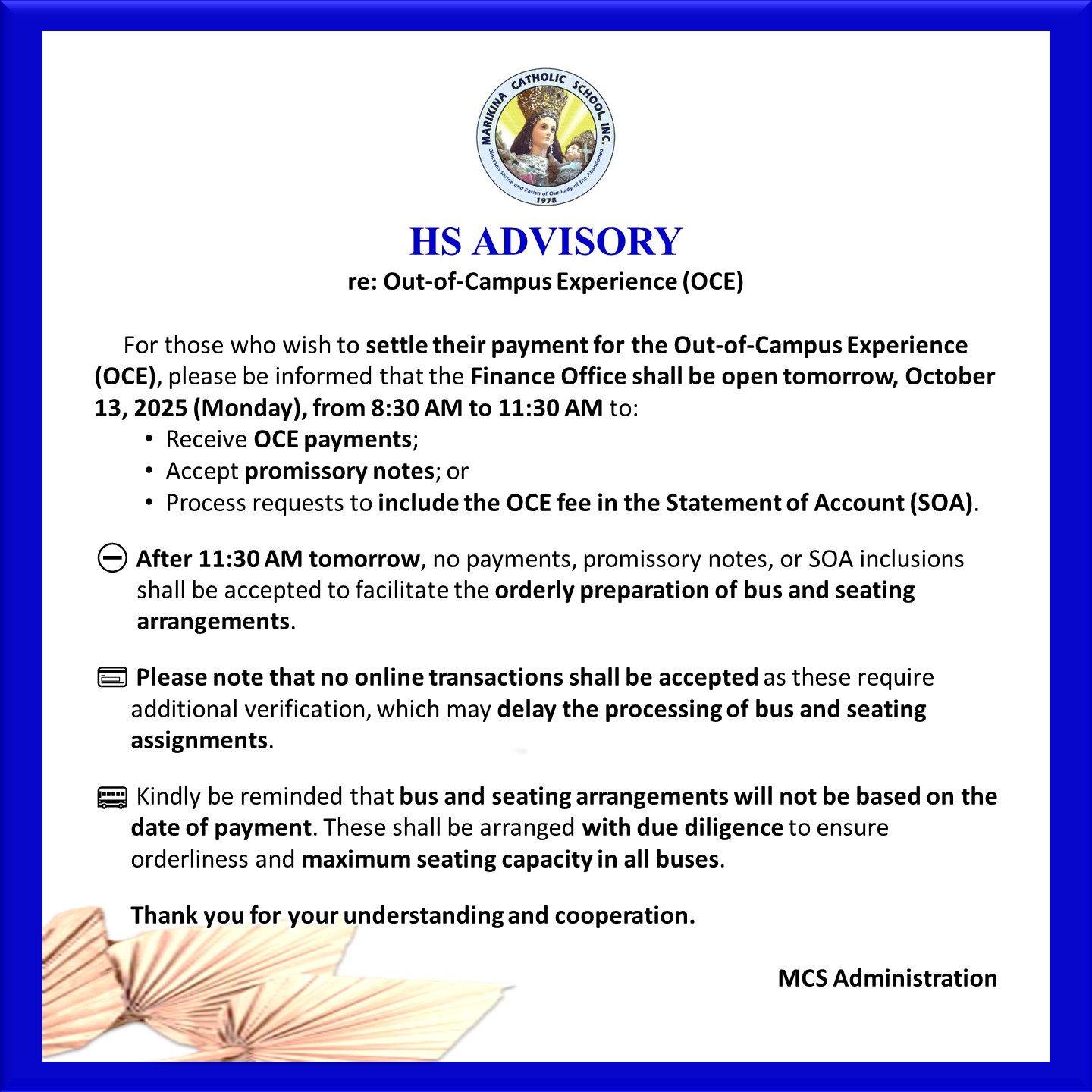 📢 HS ADVISORY Re: Out-of-Campus... - Marikina Catholic School | Facebook