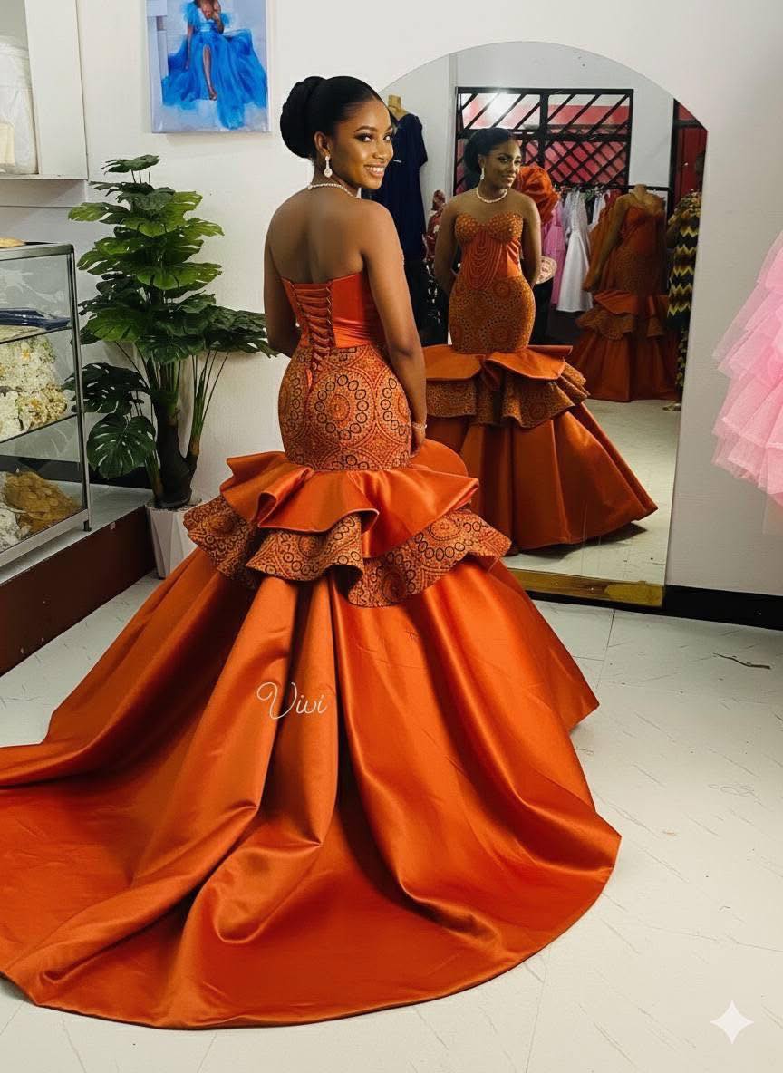 Burnt orange dress inspiration for queens 👑👑 #buezefabricscollections #asoebistyles #luxury #wedding #ashoebibybuezefabrics
