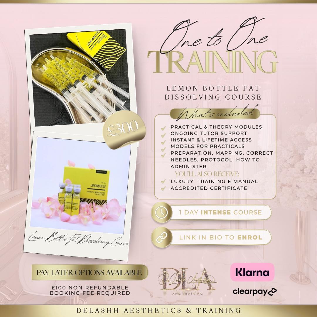 Advance your aesthetics portfolio with our professional 1-1 Lemon Bottle Fat Dissolving training course, designed to equip you with the skills and confidence to safely and effectively perform this in-demand treatment. This