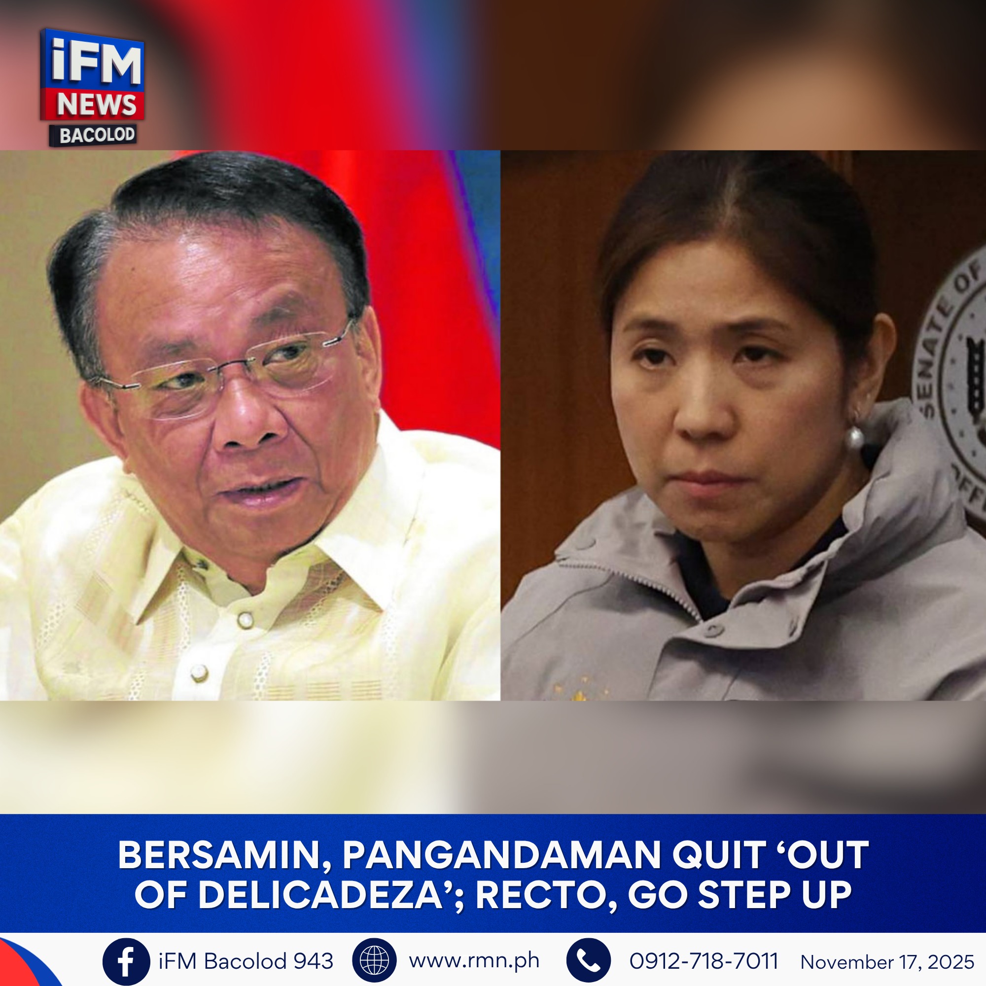 iFM - Bersamin, Pangandaman quit ‘out of delicadeza’; Recto, Go step up ...