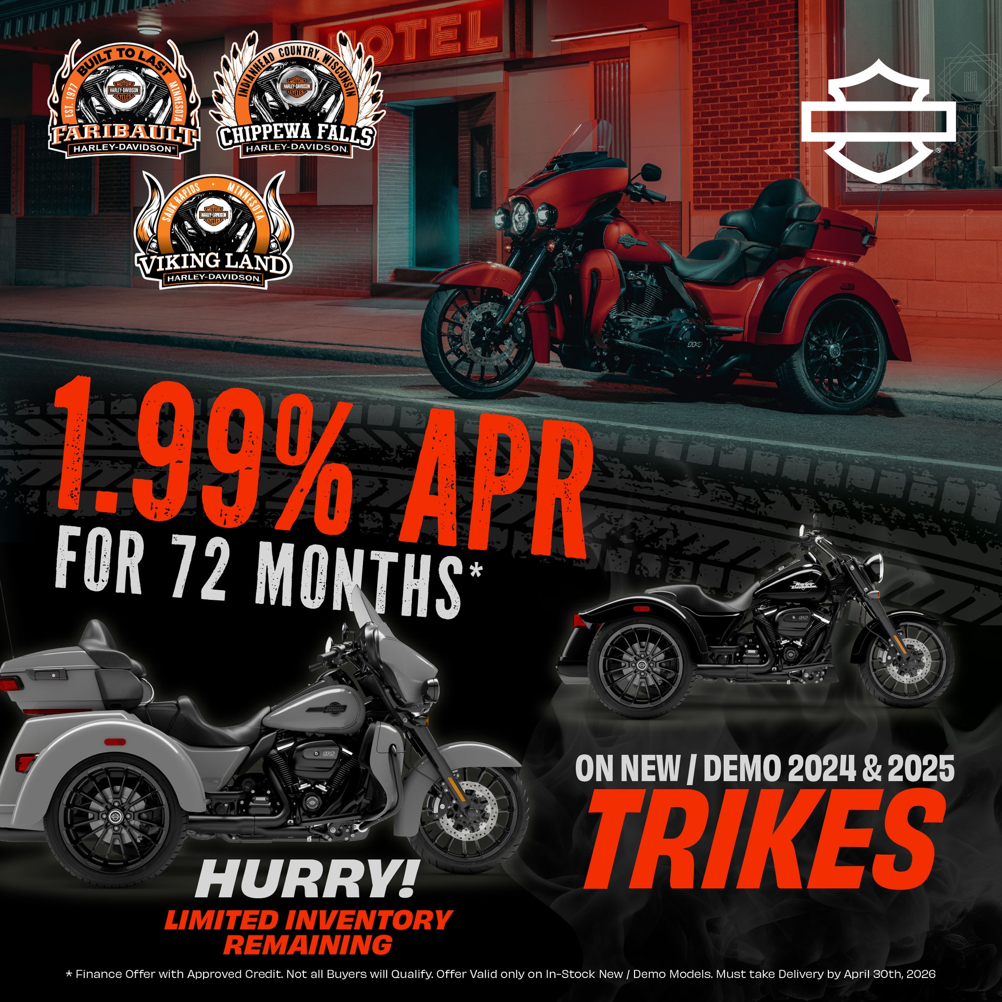 1.99% APR on new 2024 & 2025 Harley-Davidson trike models