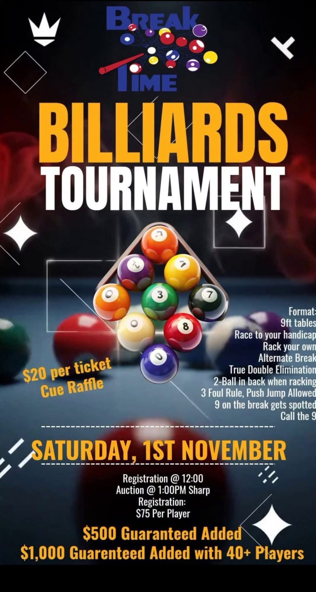 🎱 TOURNAMENT DAY IS... - Break Time Billiards & Sports Bar | Facebook