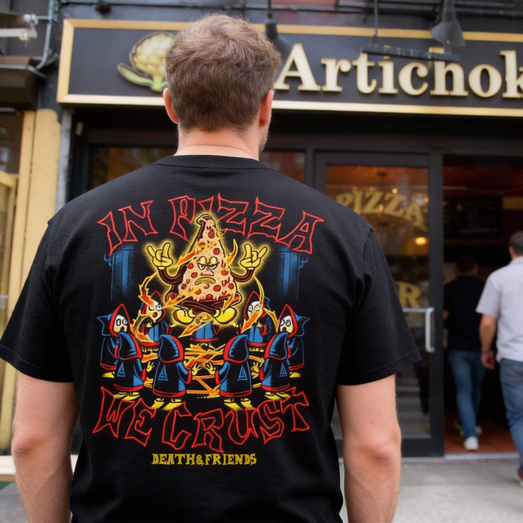 Death - in pizza we crust. a slice of devotion, worn on the back