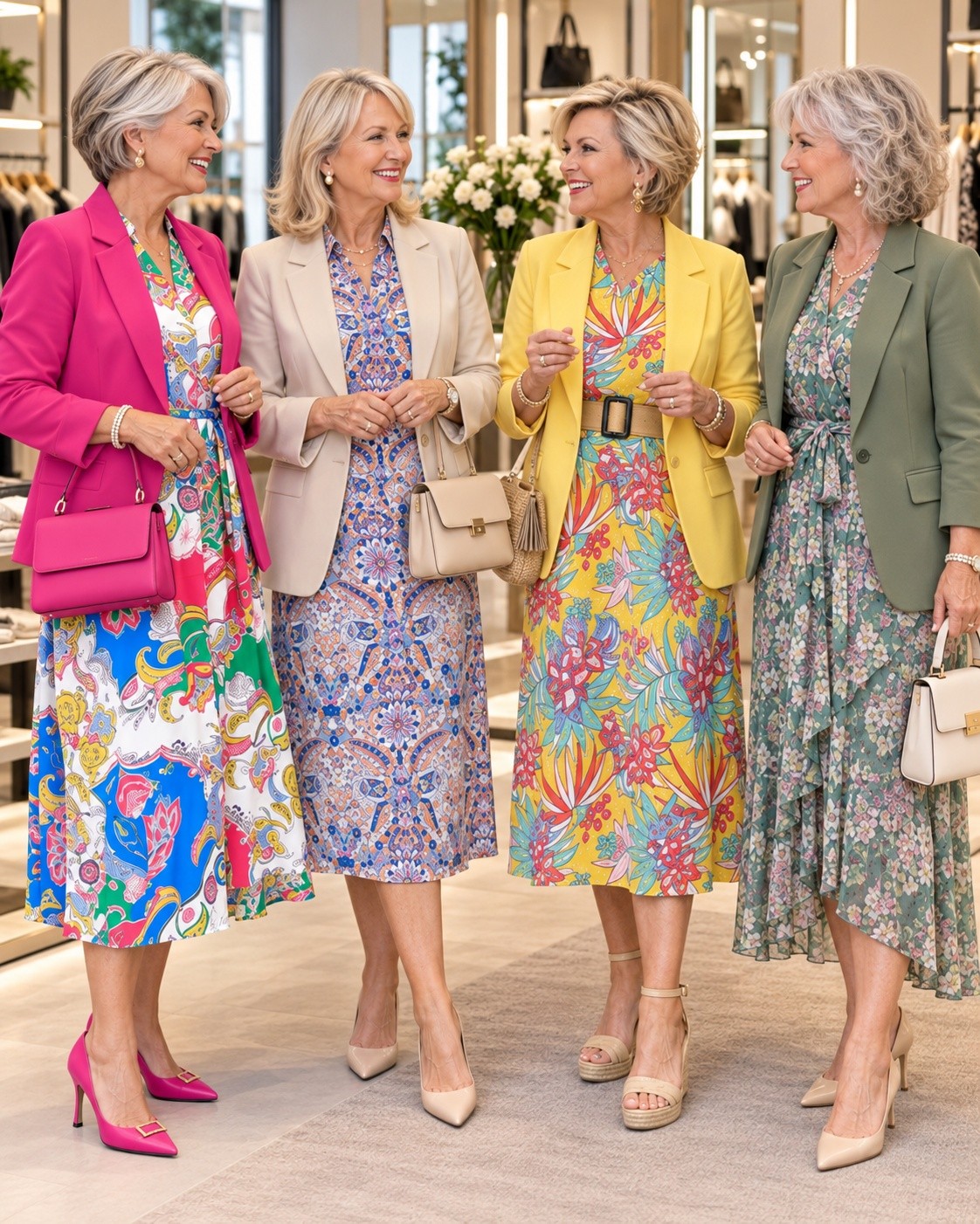 boho dress with blazer Effortless summer floral style in boutique. Pink and floral and pink bag and pink heels, beige blazer and dress and taupe bag and nude heels, and yellow blazer and cinched waist