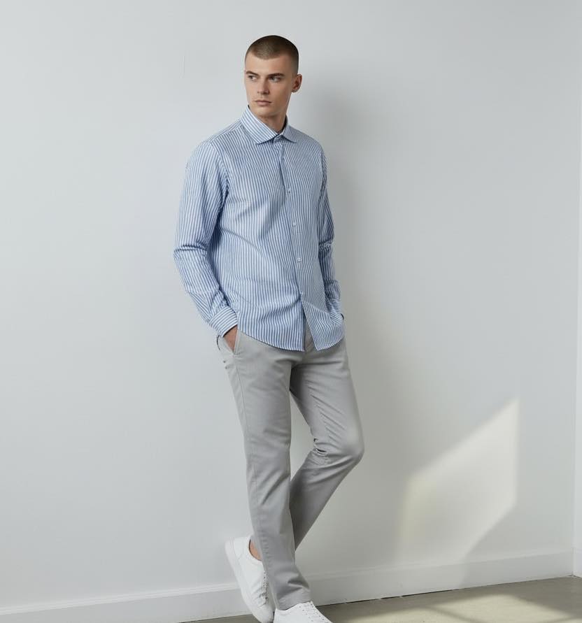 light blue dress shirt with grey pants Dressy a minimalist look . Sky pin striped & Shirt available in 5 different colours at €39,99 Pants available in 9 different colours at €39,99 Discover in-stores closure:button-front black party dress 80s Velvet Colors:Teal Green 703 denim shirt