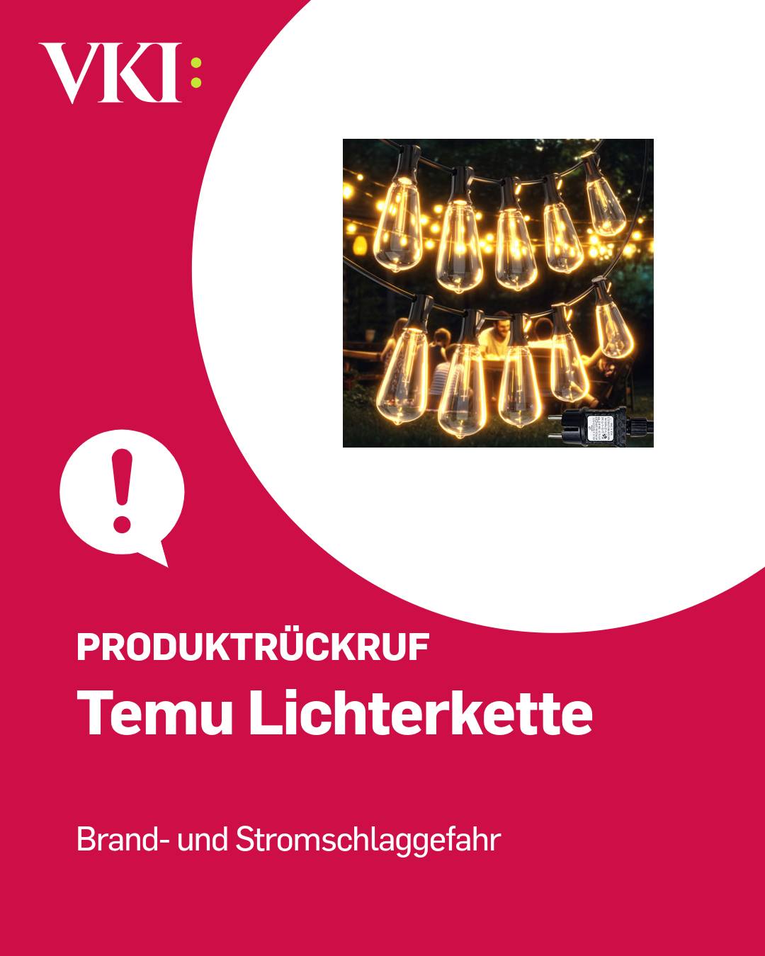 Produktrückruf ⚠️ Temu ruft eine Lichterkette der Marke XBATE zurück. Tests ergaben, dass das Produkt keinen ausreichenden Schutz gegen das Eindringen von Wasser bietet, was zu Brandgefahr durch Kur