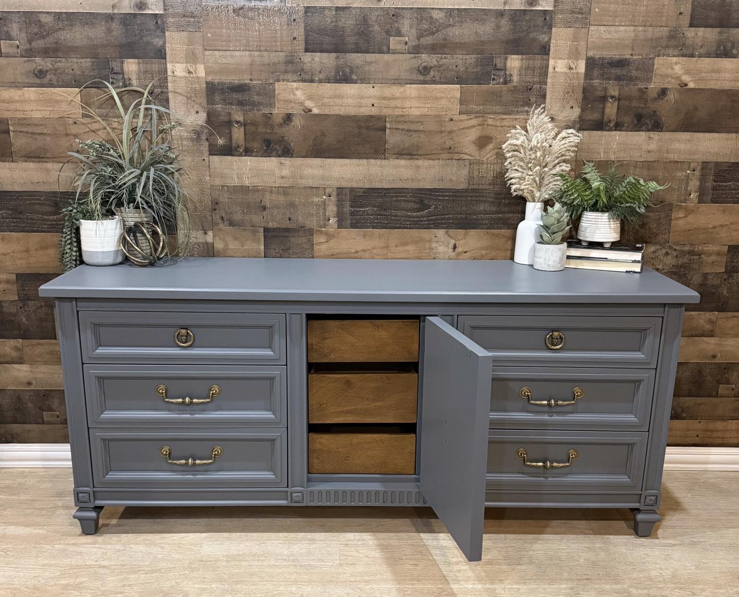 grey dresser brass hardware Vintage modern or credenza by American of Martinsville. Refinished in a steely grayish blue. Nine dovetail drawers with pulls and new modern liners. Perfect in a bedroom, entryway, office, as shop all bridesmaid dresses
