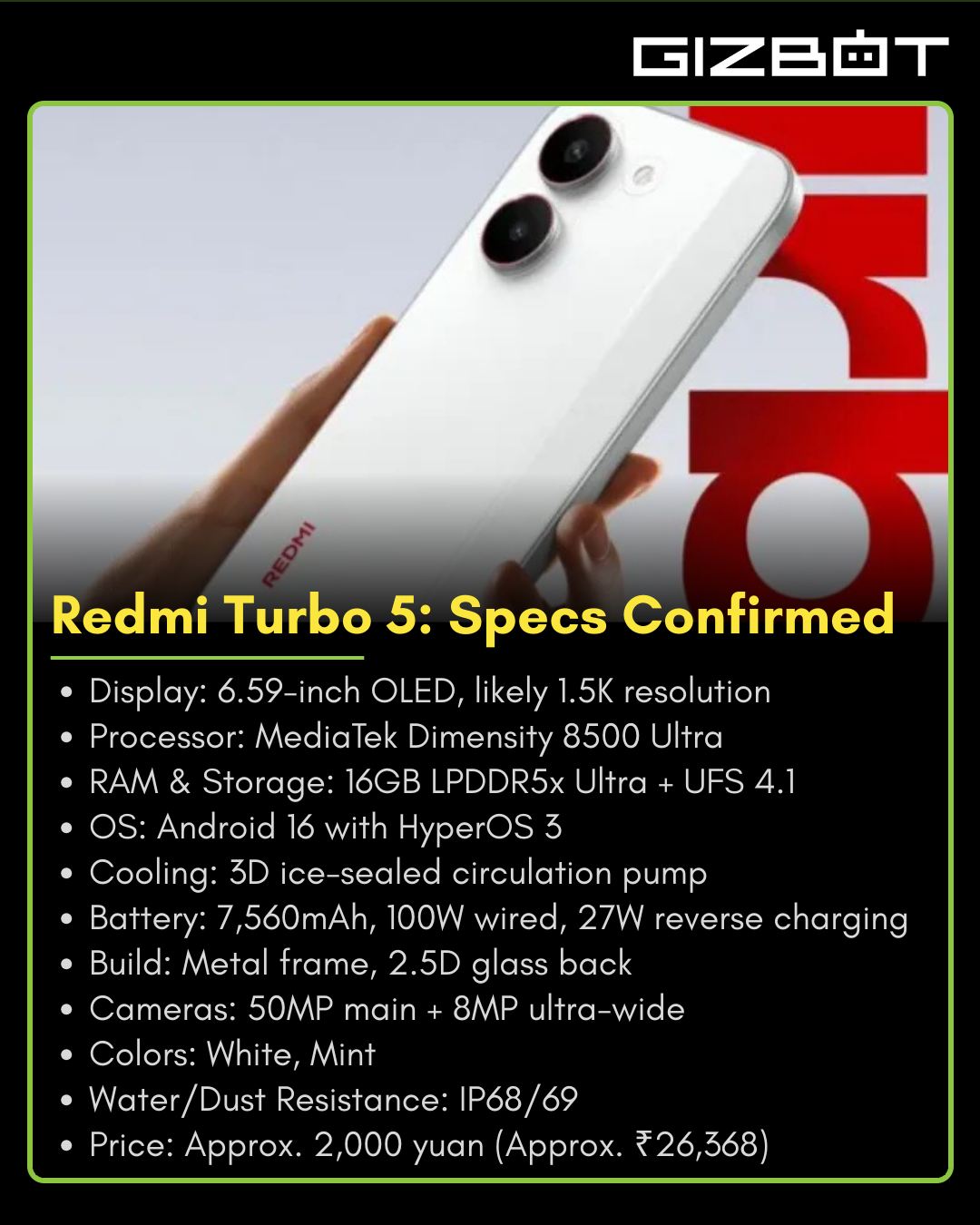 Redmi Turbo 5 specs confirmed with Dimensity 8500 Ultra and